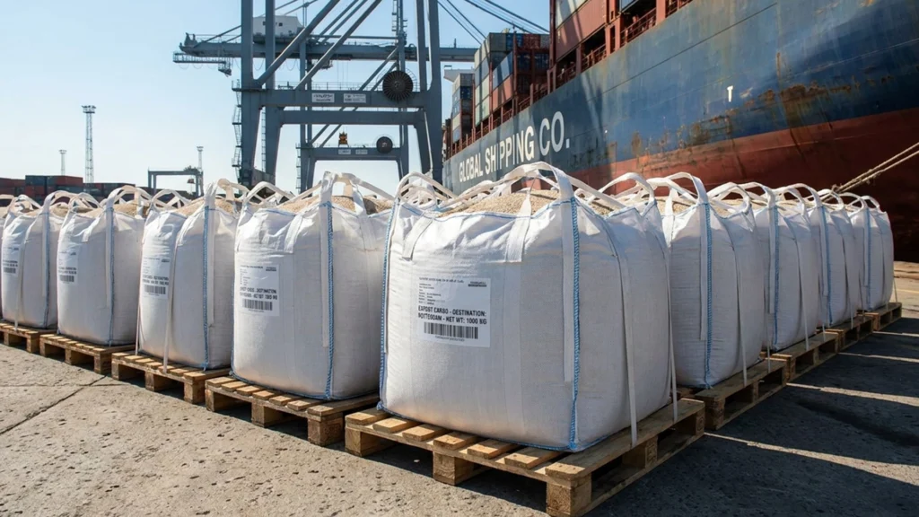 Bulk Gypsum Shipping & Packaging: A Complete Guide for Importers 2 Palletized jumbo bags staged for export loading