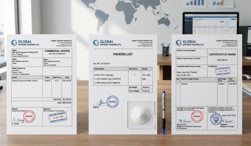 Gypsum HS Code and Import Documents: What Buyers Need Before They Ship 2 Commercial invoice, packing list and certificate of origin for a gypsum export