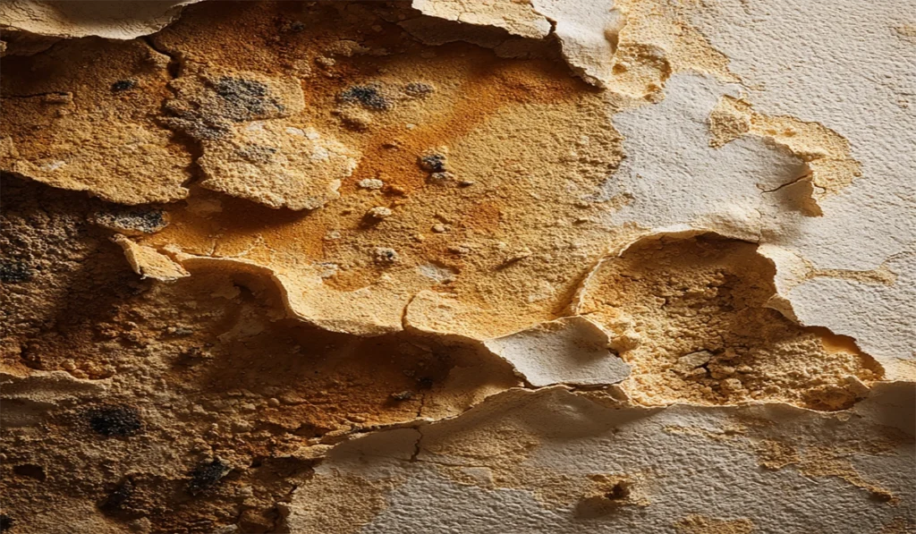 Can Gypsum Plaster Be Used in Bathrooms and Wet Areas? 1 Gypsum plaster surface softened and crumbling from moisture exposure