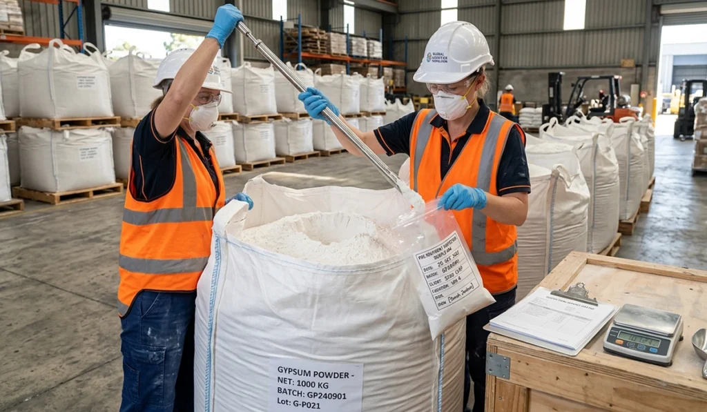 Gypsum HS Code and Import Documents: What Buyers Need Before They Ship 3 Third-party inspector sampling gypsum powder before shipment