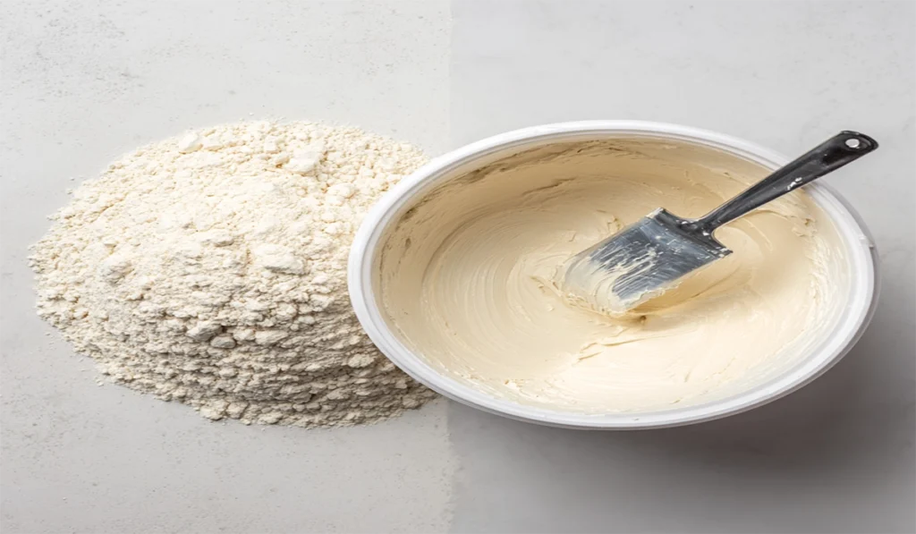 Wall Putty Powder: The Four Types, and How to Choose 3 Wall putty powder and the mixed paste ready for application