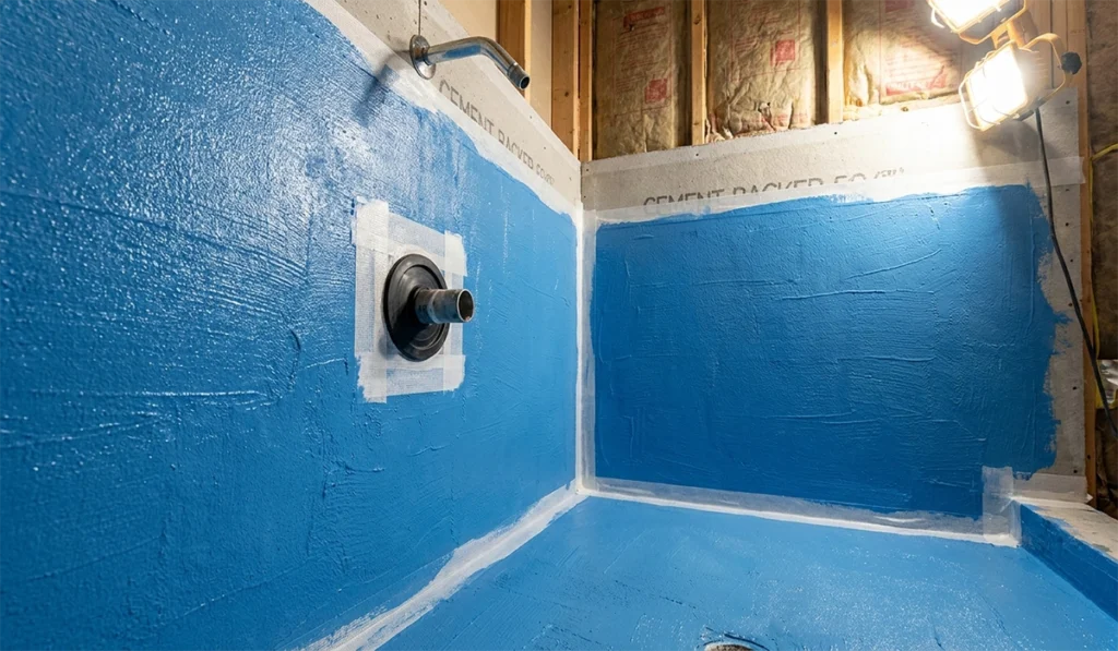 Can Gypsum Plaster Be Used in Bathrooms and Wet Areas? 2 Waterproof tanking membrane applied to a shower wall before tiling